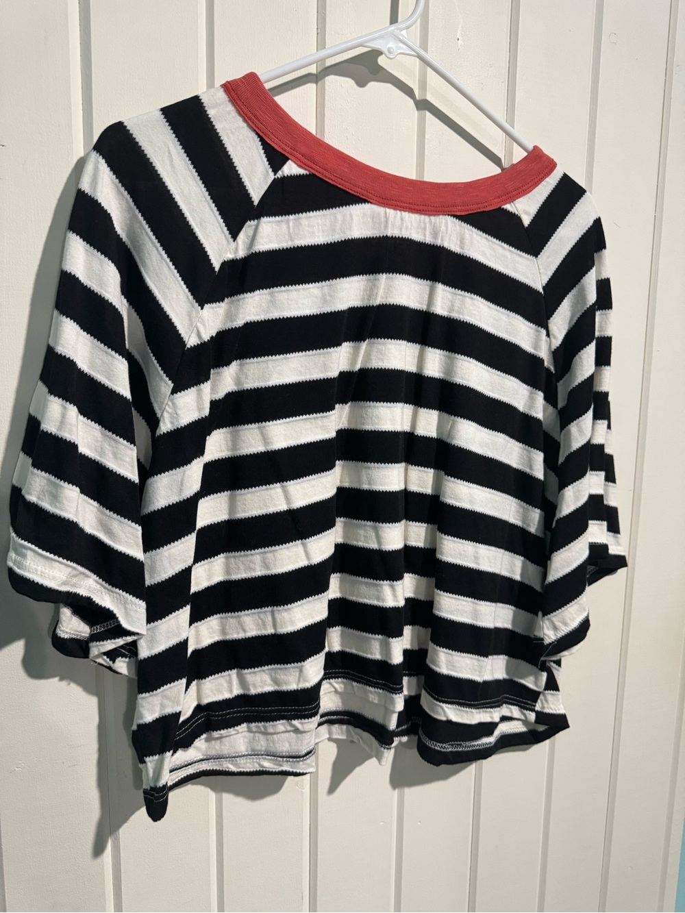 BUCKETLIST Black & White Striped Short Sleeve Top with Red Neckline